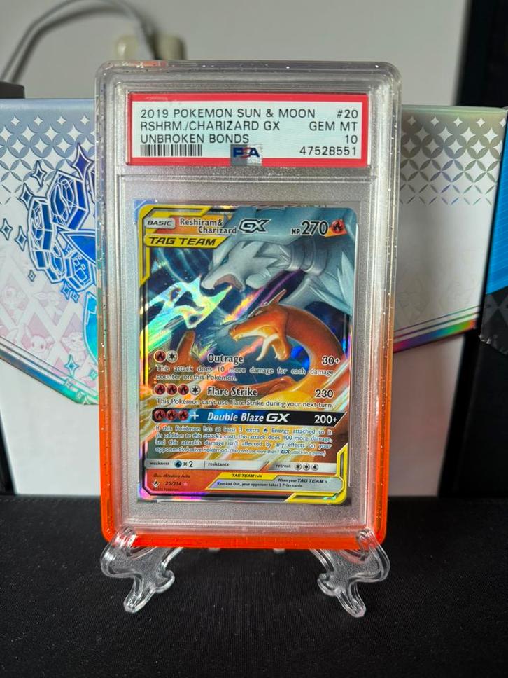 Reshiram & Charizard GX 20/214 PSA 10, Hobby en Vrije tijd, Verzamelkaartspellen | Pokémon, Nieuw, Losse kaart, Foil, Ophalen of Verzenden