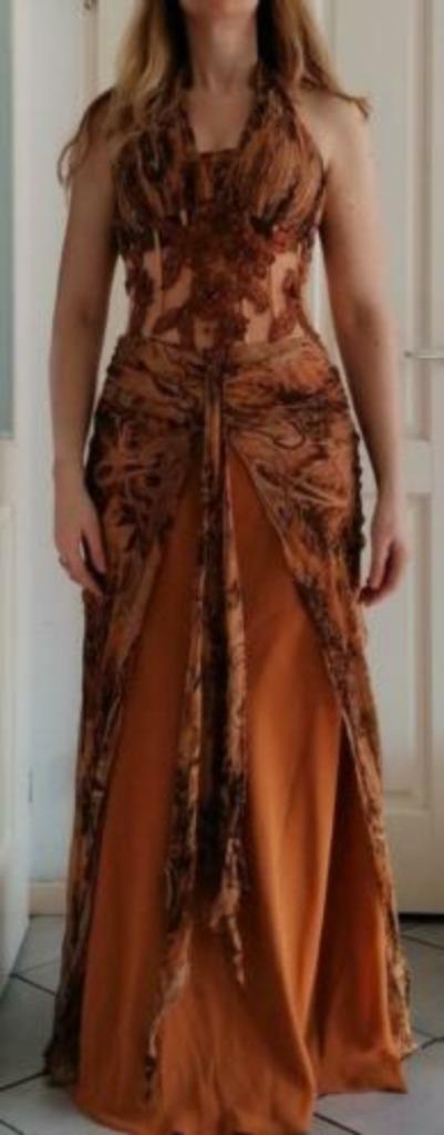 Galajurk / Avondjurk/ Cocktailjurk brons bruin S-M nr 37783, Kleding | Dames, Jurken, Zo goed als nieuw, Maat 36 (S), Bruin, Onder de knie