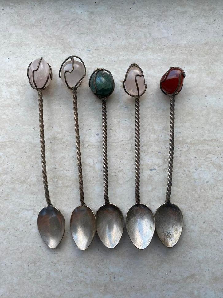 Zilveren Lepeltjes met Edelstenen - Set van 5, Antiek en Kunst, Antiek | Bestek, Ophalen of Verzenden