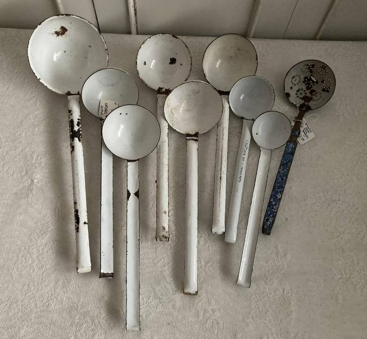 Brocante oude emaille soeplepels, juslepels & schuimspaan, Antiek en Kunst, Curiosa en Brocante, Ophalen of Verzenden