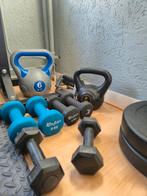 Squatrek, bench press, halterstang en dumbells, Ophalen, Zo goed als nieuw, Benen, Fitnessbank
