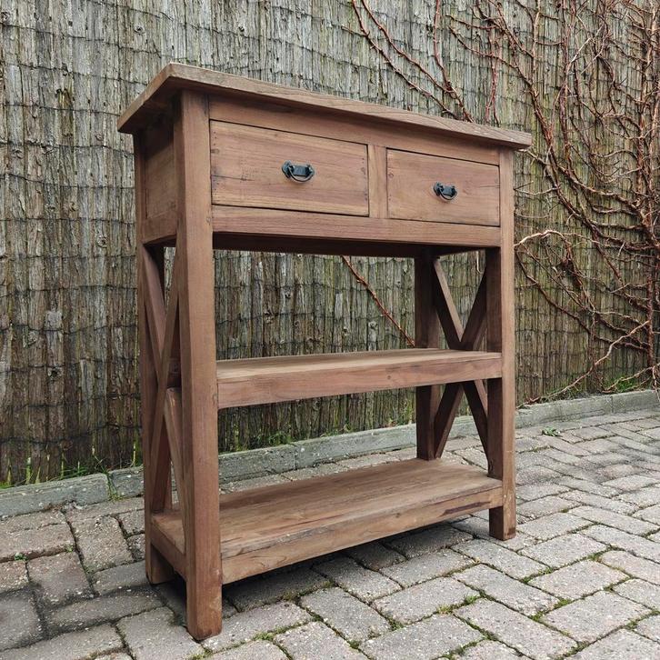 Stoere teakhouten sidetable. Nieuw bij Pimpskuorke, Huis en Inrichting, Kasten | Ladekasten, Nieuw, Minder dan 100 cm, 50 tot 100 cm