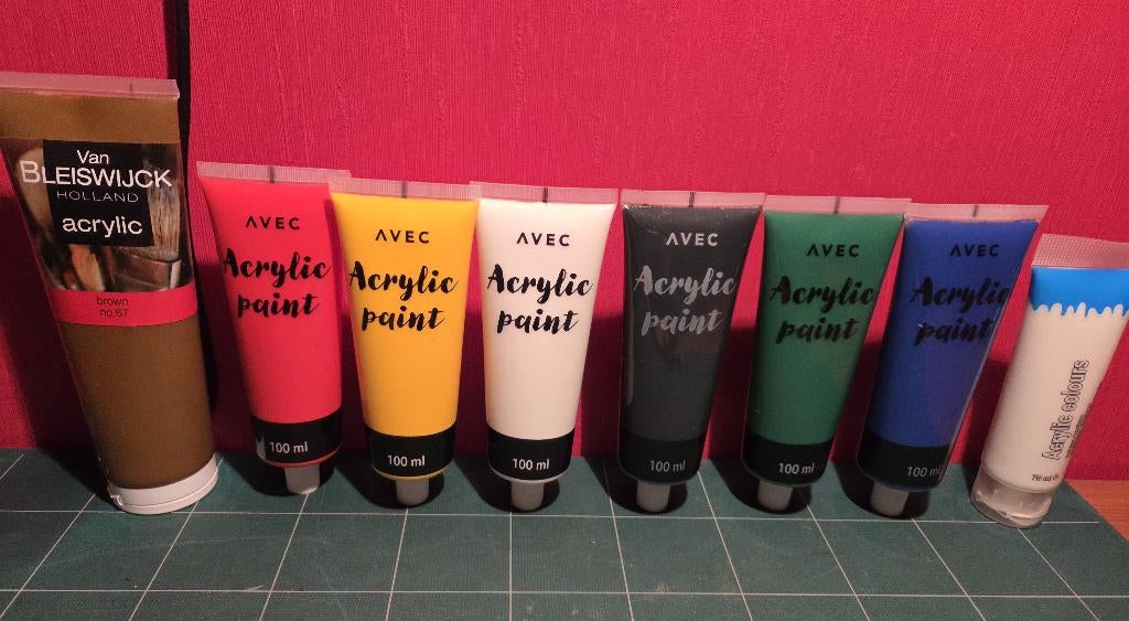 AVEC Acrylverf 7 grote tubes 100ml + grote tube Bleiswijck, Ophalen of Verzenden, Zo goed als nieuw, Acrylverf