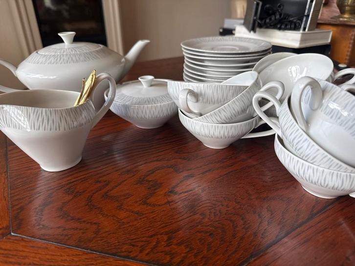 Compleet Theeservies met Grijs Patroon - Antiek Serviesgoeds, Antiek en Kunst, Antiek | Servies compleet, Ophalen of Verzenden