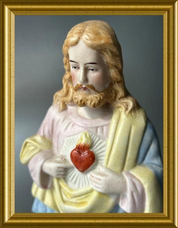 Antiek biscuit porseleinen Jezus beeld, heilig hart beschikbaar voor biedingen