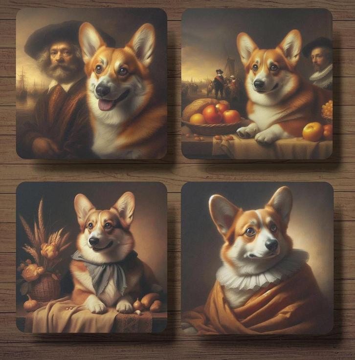Corgi Rembrandt stijl onderzetters met houder, Huis en Inrichting, Woonaccessoires | Onderzetters, Nieuw, Glas of Kopje, Ophalen of Verzenden