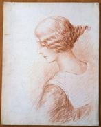 A493-80 Oude tekening Portret vrouw en profil rood potlood, Ophalen of Verzenden
