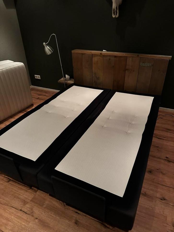 Boxspring, Huis en Inrichting, Slaapkamer | Bedden, Zo goed als nieuw, Tweepersoons, 160 cm, 200 cm, Stof, Blauw, Verstelbaar