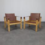 Set of 2 Lounge Chairs in Teak and Saddle Leather, 1970s, Ophalen, Gebruikt, Vintage, 50 tot 75 cm
