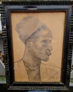 Portret van een Arabier, T Urbanovsky 1953 houtkool tekening, Antiek en Kunst, Ophalen of Verzenden