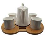 Porseleinen theeset met bamboe dienblad – theepot + 4 kopjes, Nieuw, Ophalen of Verzenden, Effen, Porselein