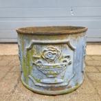 4x Antieke ronde gietijzeren bloembak jardiniere blauw grijs, Tuin, Minder dan 30 cm, Verzenden, Minder dan 60 cm