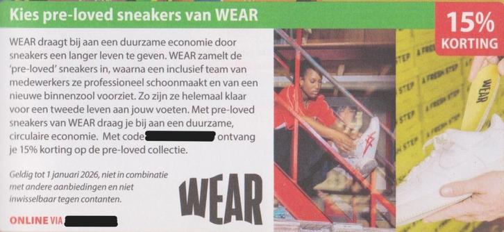 Wear Pre-loved sneakers. 15% korting. Postcodeloterij bon., Tickets en Kaartjes, Kortingen en Cadeaubonnen, Eén persoon, Warenhuis- of Winkelbon