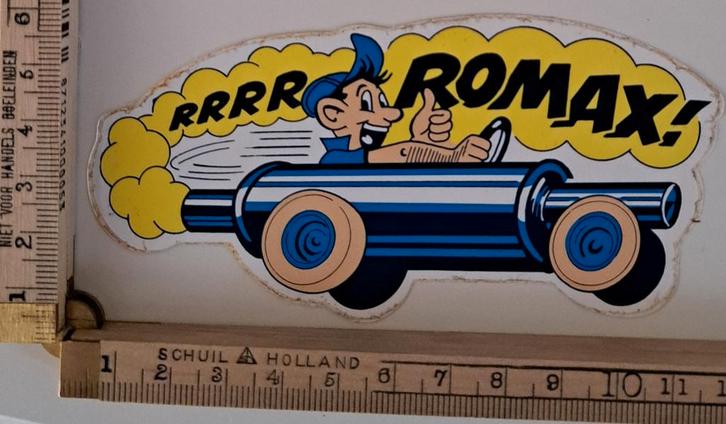 Vintage sticker Romax uitlaten strip autosticker logo merk, Verzamelen, Stickers, Zo goed als nieuw, Ophalen of Verzenden