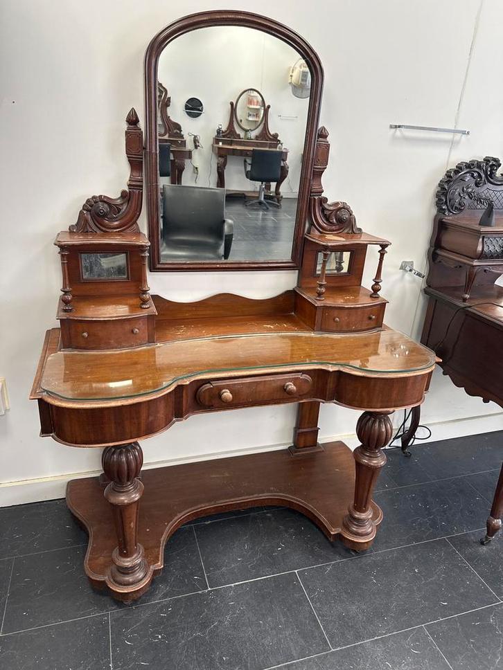Antieke Kaptafel met Spiegel en Glazen Blad, Antiek en Kunst, Antiek | Meubels | Kasten, Ophalen of Verzenden