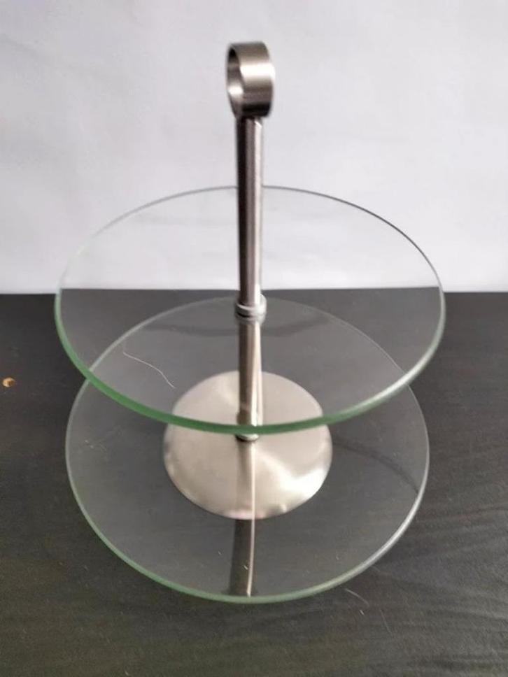 Glazen 2 laags etagere, Huis en Inrichting, Woonaccessoires | Etagères, Zo goed als nieuw, Ophalen of Verzenden