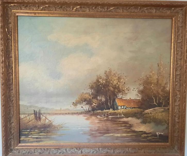 Olieverf schilderij op doek boerderij aan het water,Nr 2, Antiek en Kunst, Kunst | Schilderijen | Klassiek, Ophalen