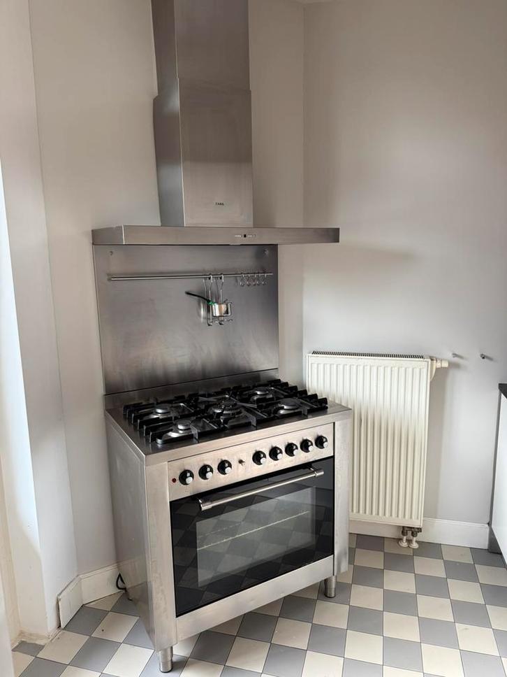 Solitaire fornuis + AEG afzuigkap, robuuste RVS set, Witgoed en Apparatuur, Fornuizen, Gebruikt, Vrijstaand, Gas, 5 kookzones of meer