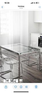 Uitschuifbare Glazen Eettafel met Metalen Onderstel, Huis en Inrichting, 100 tot 150 cm, Vier personen, Rechthoekig, 50 tot 100 cm