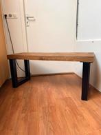 Industriële houten bankje met stalen poten, Ophalen, Gebruikt, 100 tot 150 cm, Industriel