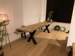 Eikenhouten eettafel boomstamblad 310x70-80 stalen onderstel, Huis en Inrichting, Tafels | Eettafels, Ophalen, Gebruikt, Eikenhout