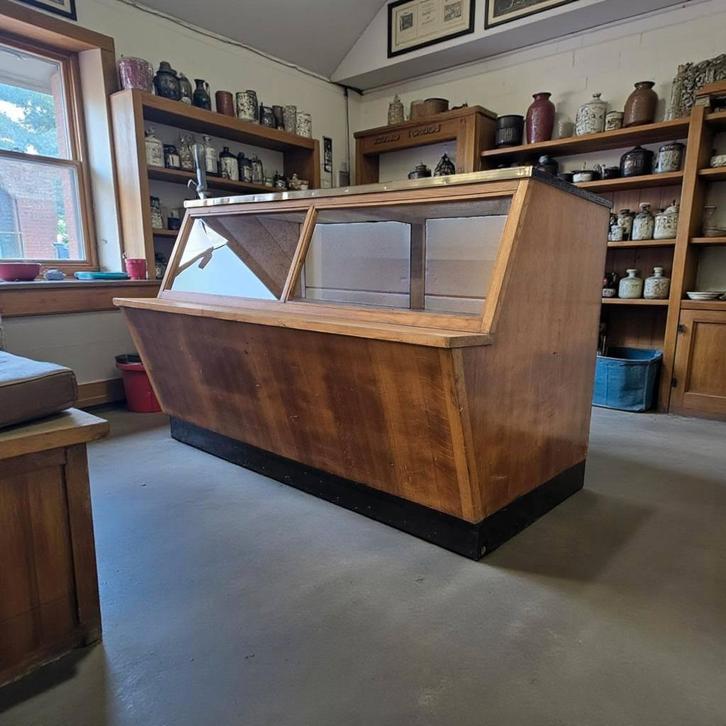 vintage houten winkeltoog / toonbank / vitrine, Huis en Inrichting, Barren, Gebruikt, Ophalen