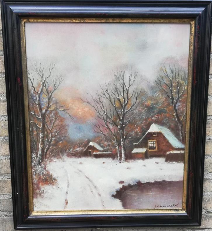 J. Frederiks, Winters bosgezicht. Olie/doek. 62/72 cm., Huis en Inrichting, Woonaccessoires | Schilderijen, Tekeningen en Foto's