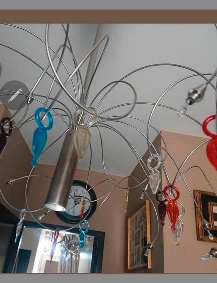 Design Hanglamp met murano gekleurde kristallen hangers, Huis en Inrichting, Lampen | Plafondlampen, Zo goed als nieuw, Ophalen of Verzenden