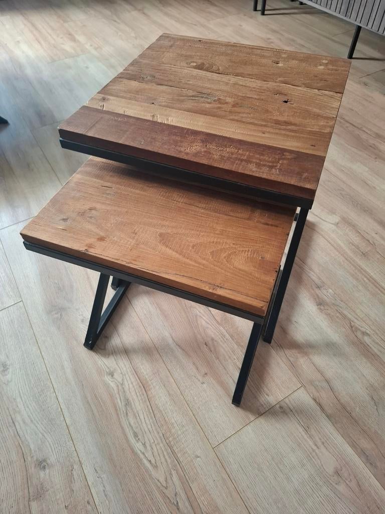 Stalen en houten bijzettafeltjes - set van 2, Huis en Inrichting, Minder dan 55 cm, Gebruikt, Vierkant, Industrieel