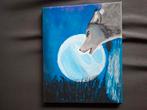Zelfgemaakt schilderij van een wolf bij volle maan, Ophalen of Verzenden