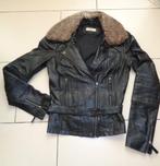 Dames jas echt leer incl. riem en bonte kraag maat 34 36, Zwart, Ophalen of Verzenden, Zo goed als nieuw, Maat 36 (S)