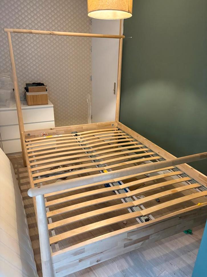 Ikea Gjora bed & lattenbodem, Huis en Inrichting, Slaapkamer | Bedden, Zo goed als nieuw, Tweepersoons, 140 cm, 200 cm, Hout, Bruin
