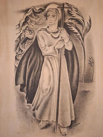 Litho: Man met staf beschikbaar voor biedingen