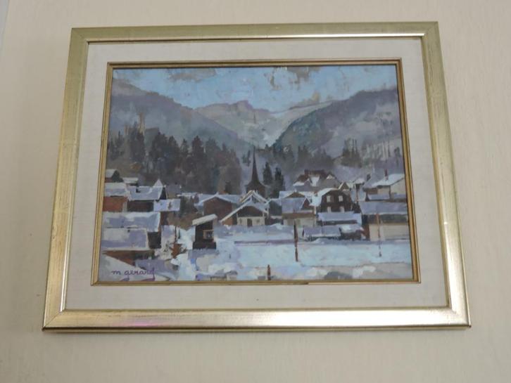Olieverf schilderij Maud Gerard Stadsgezicht Gstaad, Antiek en Kunst, Kunst | Schilderijen | Klassiek, Ophalen of Verzenden