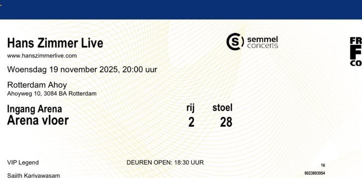 Hans Zimmer Live - Rotterdam (VIP Legend) 2nd row ticket, Tickets en Kaartjes, Concerten | Overige, Eén persoon, November