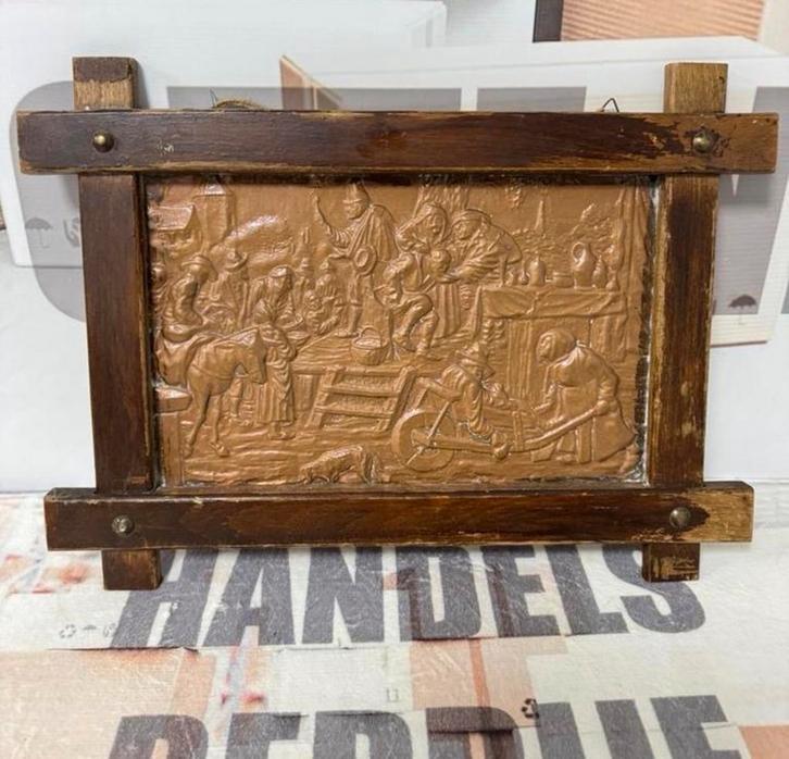 Antiek 1920-1930 ingelijst koperen reliëf kunst boerderij, Antiek en Kunst, Kunst | Overige Kunst, Ophalen of Verzenden