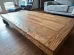 Industriële teakhouten salontafel 100x200cm op wielen, Ophalen, Gebruikt, 100 tot 150 cm, Teakhout
