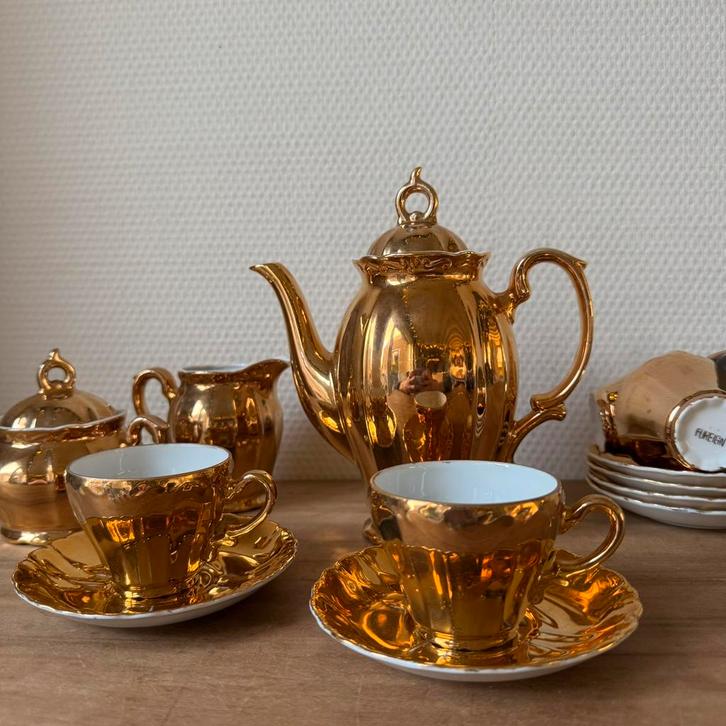 Vintage Goud Verguld Mokka Servies Compleet, Koffie Servies, Antiek en Kunst, Antiek | Servies compleet, Ophalen of Verzenden