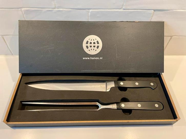Hanos Vleesmes en vork- Select Cuisine, Huis en Inrichting, Keuken | Bestek, Zo goed als nieuw, Bestekset, Rvs of Chroom, Vaatwasserbestendig