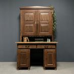 Beschilderd grenen bureau met bovenkast secretaire antiek, Huis en Inrichting, Gebruikt, -, -, -