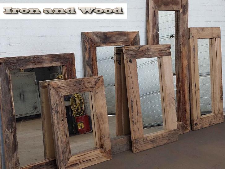 Stoere spiegels met oud eiken wagonplanken/wagondelen lijst, Huis en Inrichting, Woonaccessoires | Spiegels, Nieuw, 50 tot 75 cm