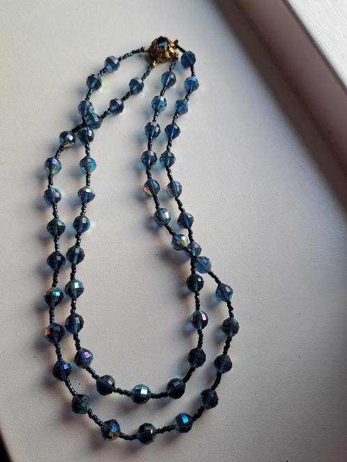 Vintage blauwe glas kralen ketting, Sieraden, Tassen en Uiterlijk, Kettingen, Gebruikt, Overige materialen, Blauw, Met kristal