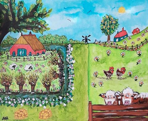 Schilderij Boerderijtje in het groen vrolijk acryl op canvas, Antiek en Kunst, Kunst | Schilderijen | Modern, Ophalen of Verzenden