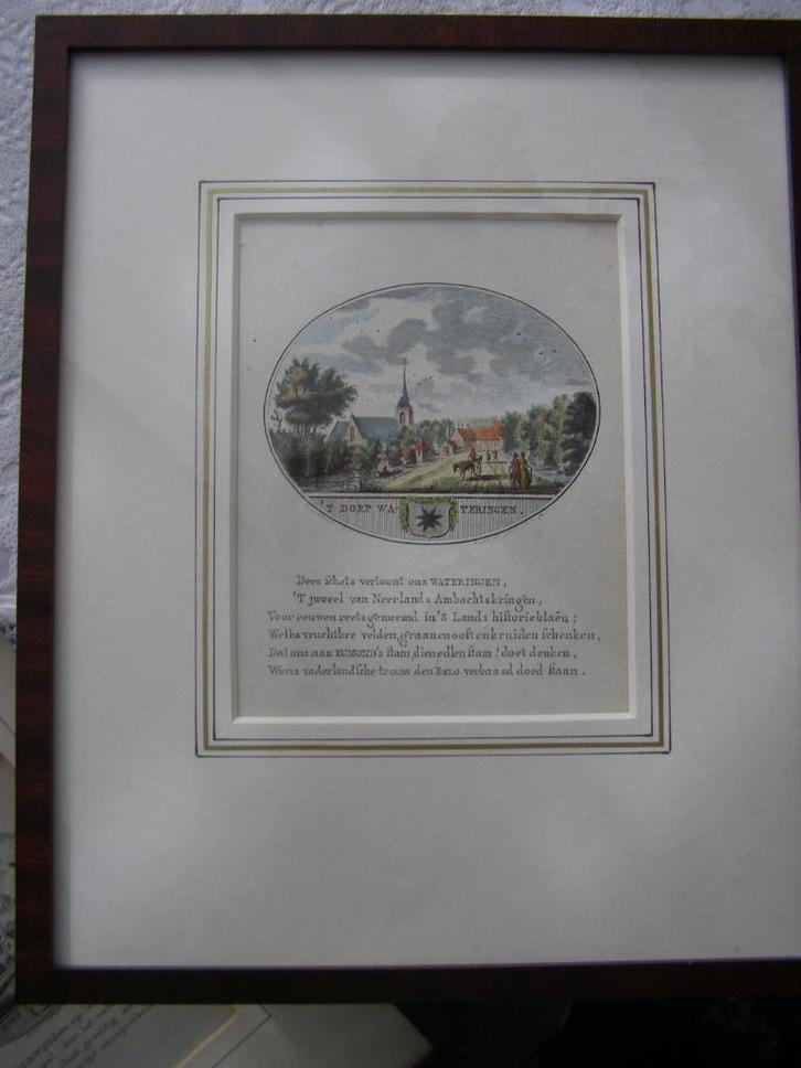Handgekleurd gravure dorp Wateringen (ZH)uit 1800 ingelijst, Antiek en Kunst, Kunst | Etsen en Gravures, Ophalen of Verzenden