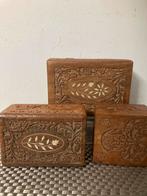 3 Teakhouten Kistjes met Uitgesneden Motieven, Gebruikt, 50 tot 100 cm, Teakhout, Ophalen of Verzenden