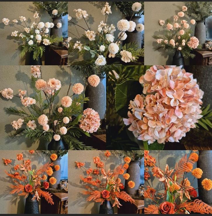 Zijde boeket bloemen wit koper en licht oranje pom pom, Huis en Inrichting, Woonaccessoires | Kunstplanten en Kunstbloemen, Nieuw