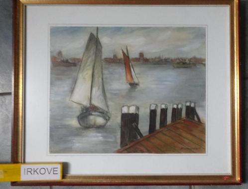 ZEILSCHEPEN OP DE RIVIER * Gemengde Techniek *, Antiek en Kunst, Kunst | Schilderijen | Klassiek, Ophalen of Verzenden
