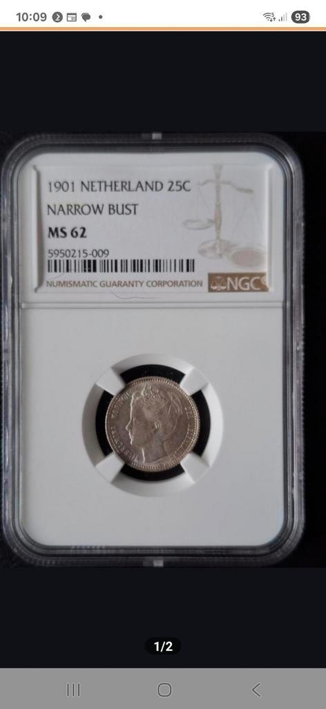 25 Cent (Kwartje) 1901 Brede Hals MS62 by NGC. Zeldzaam, Postzegels en Munten, Munten | Nederland, Losse munt, 25 cent, Koningin Wilhelmina