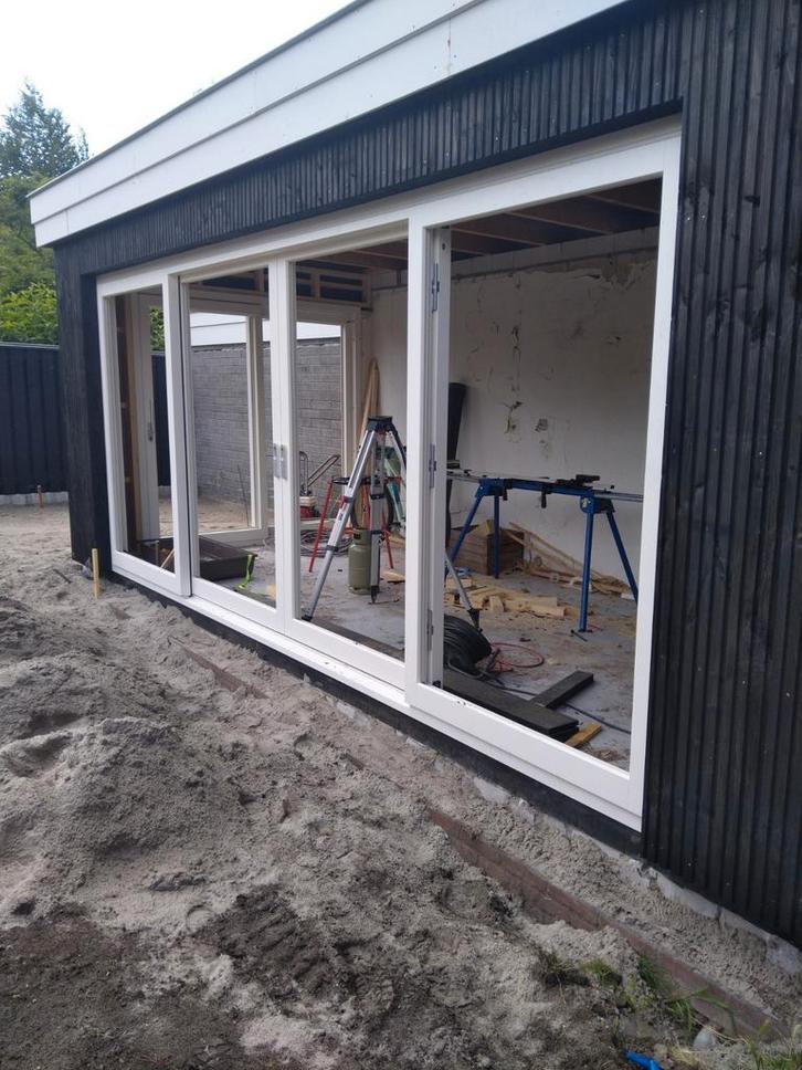 Hardhouten schuifpui met 2 schuifdeuren 4 vakken, Doe-het-zelf en Verbouw, Deuren en Horren, Nieuw, Buitendeur, 215 cm of meer