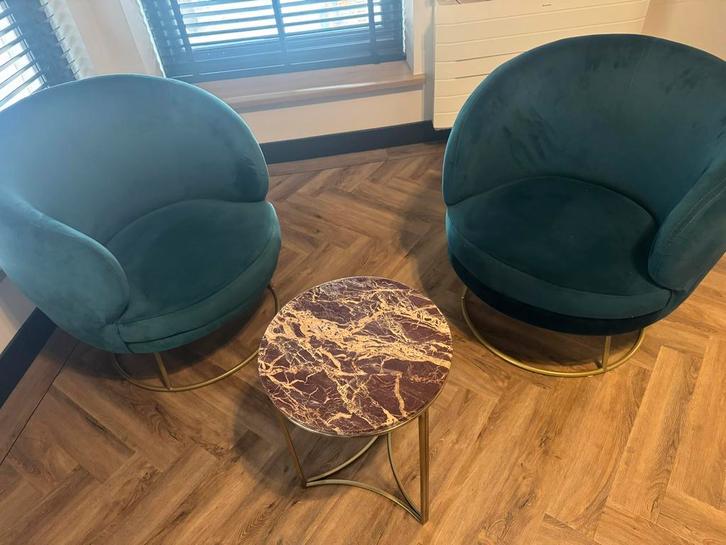 2 Blauwe Fauteuils + Marmeren Bijzettafel, Huis en Inrichting, Fauteuils, Gebruikt, Stof, 75 tot 100 cm, Ophalen